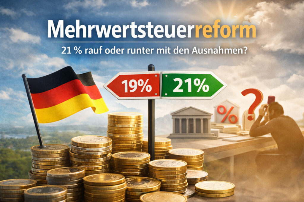 Illustration zur Mehrwertsteuerreform in Deutschland mit Symbolen für 19 und 21 Prozent, Euro-Münzen, deutscher Flagge und Regierungsgebäude im Hintergrund, die die steuerpolitische Debatte visualisieren
